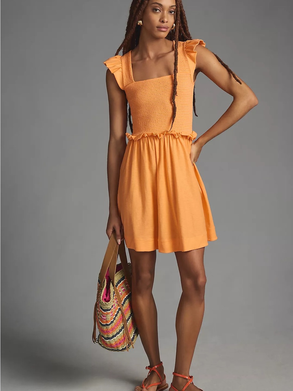 Anthropologie Nation LTD Ginger Peach Mini Dress Smocked Square-Neck Pima Cotton